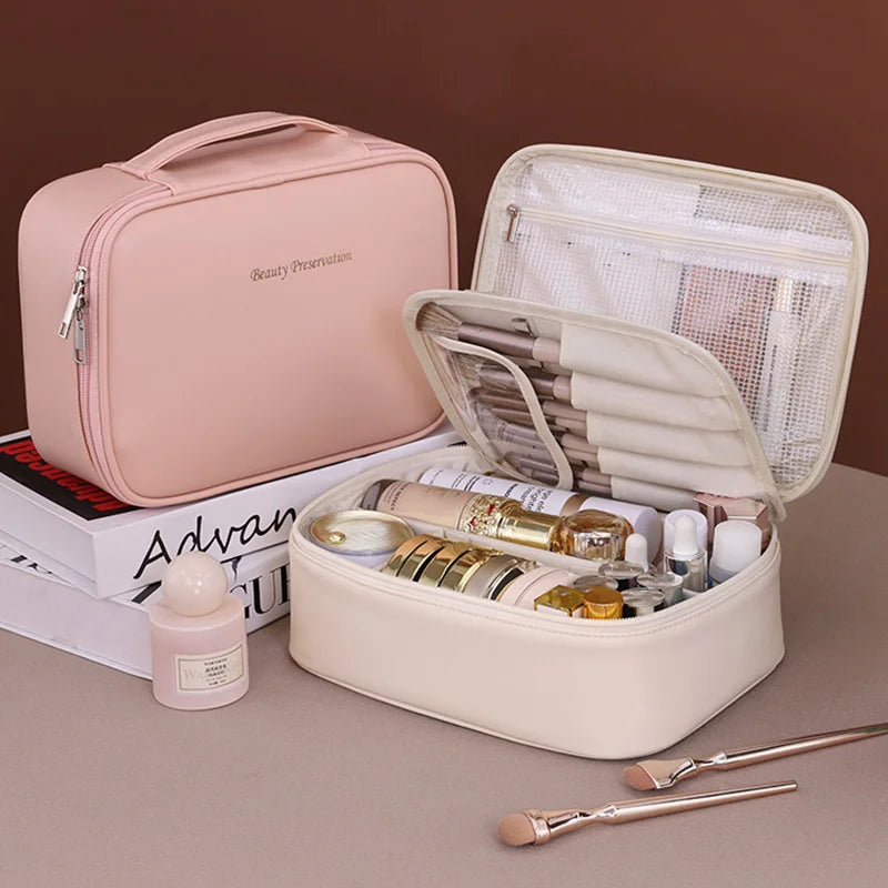 Wholesale PU Large Capacity Tote Makeup Bag Travel Organizer Tolietry Cosmetic Storage Bag Luxury Women Double Layer Pouch